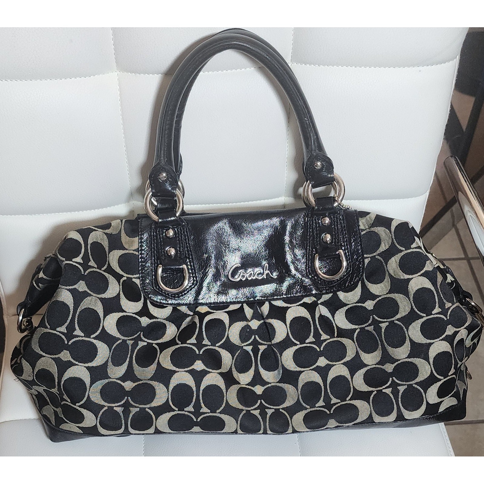 Coach Ashley Signature Satchel Black Grey Jacquard Patent Leather Bag F15440