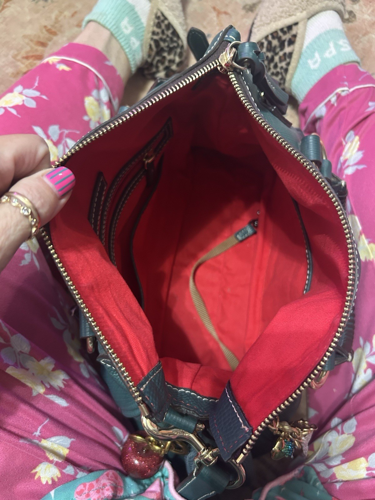 Dooney & Bourke Green Textured Satchel Zip Bag, Gold Hardware, Strap, Charm