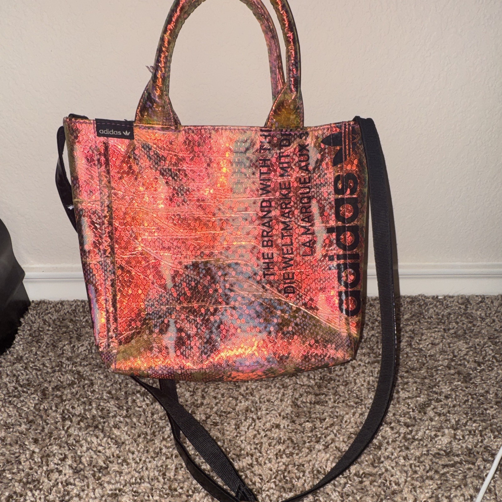 adidas Small Tote Bag Iridescent Multicolor Logo Lined Detachable Strap