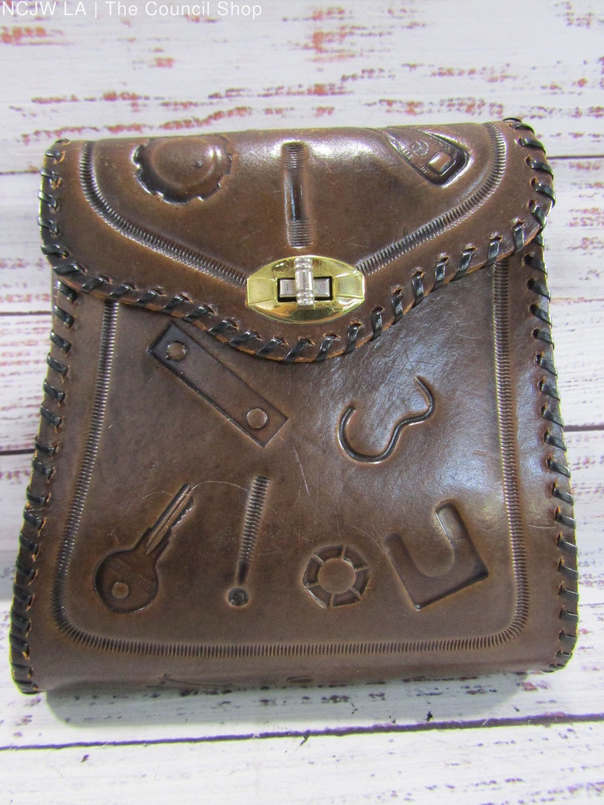 Vintage Artisan Handcrafted Leather Hardware & Tool Motif Clutch Bag