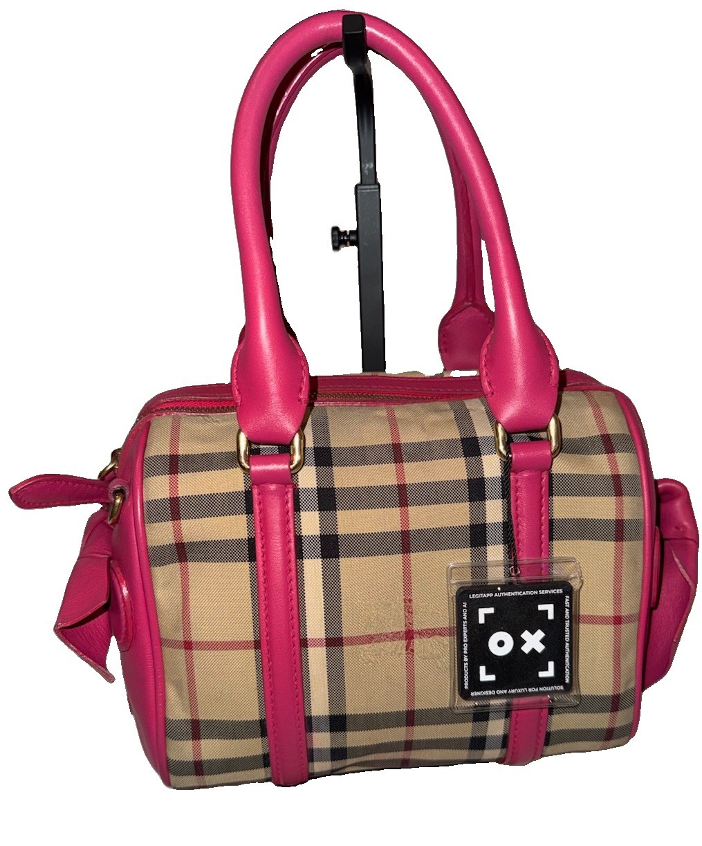 Burberry Alchester Horseferry Check Small Crimson Leather Bow Bag W/COA