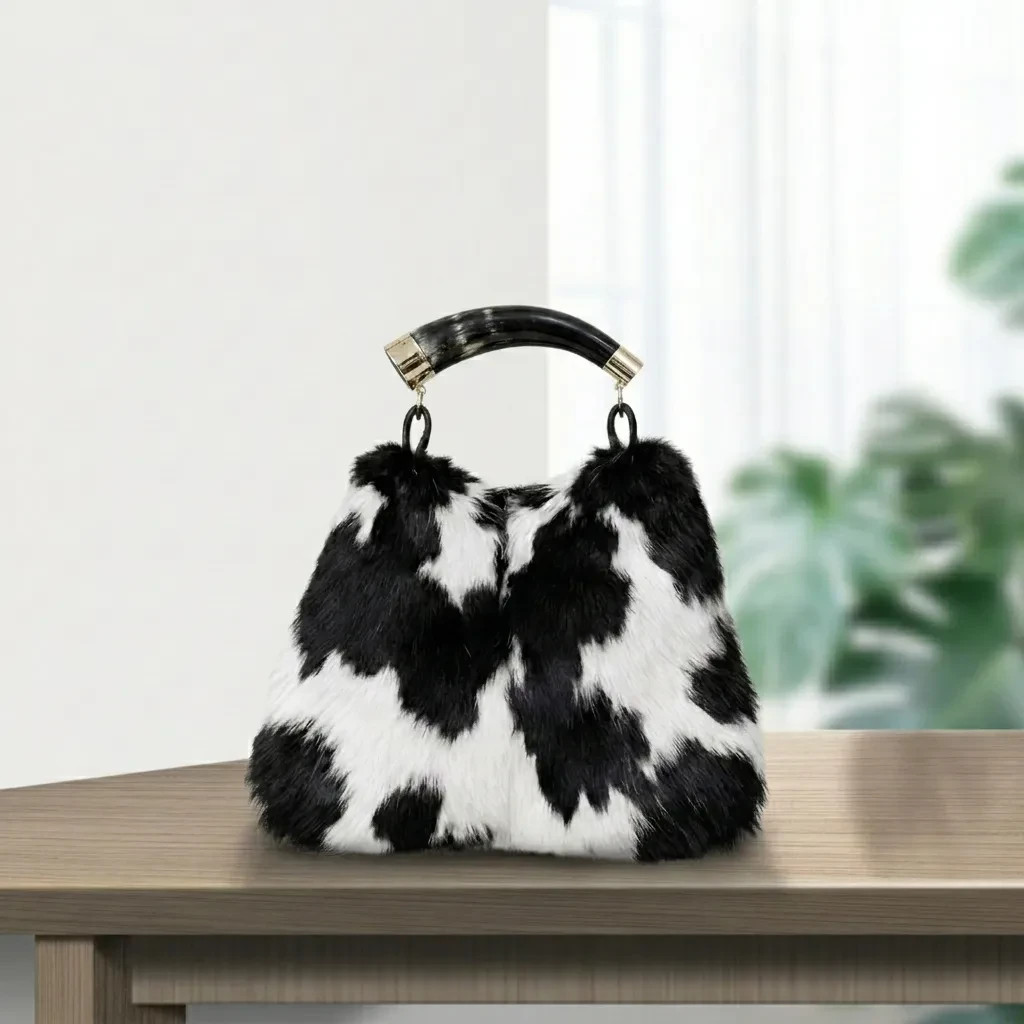 Natural Black White Hair On Cowhide Leather Handbag Western Purse Genuine