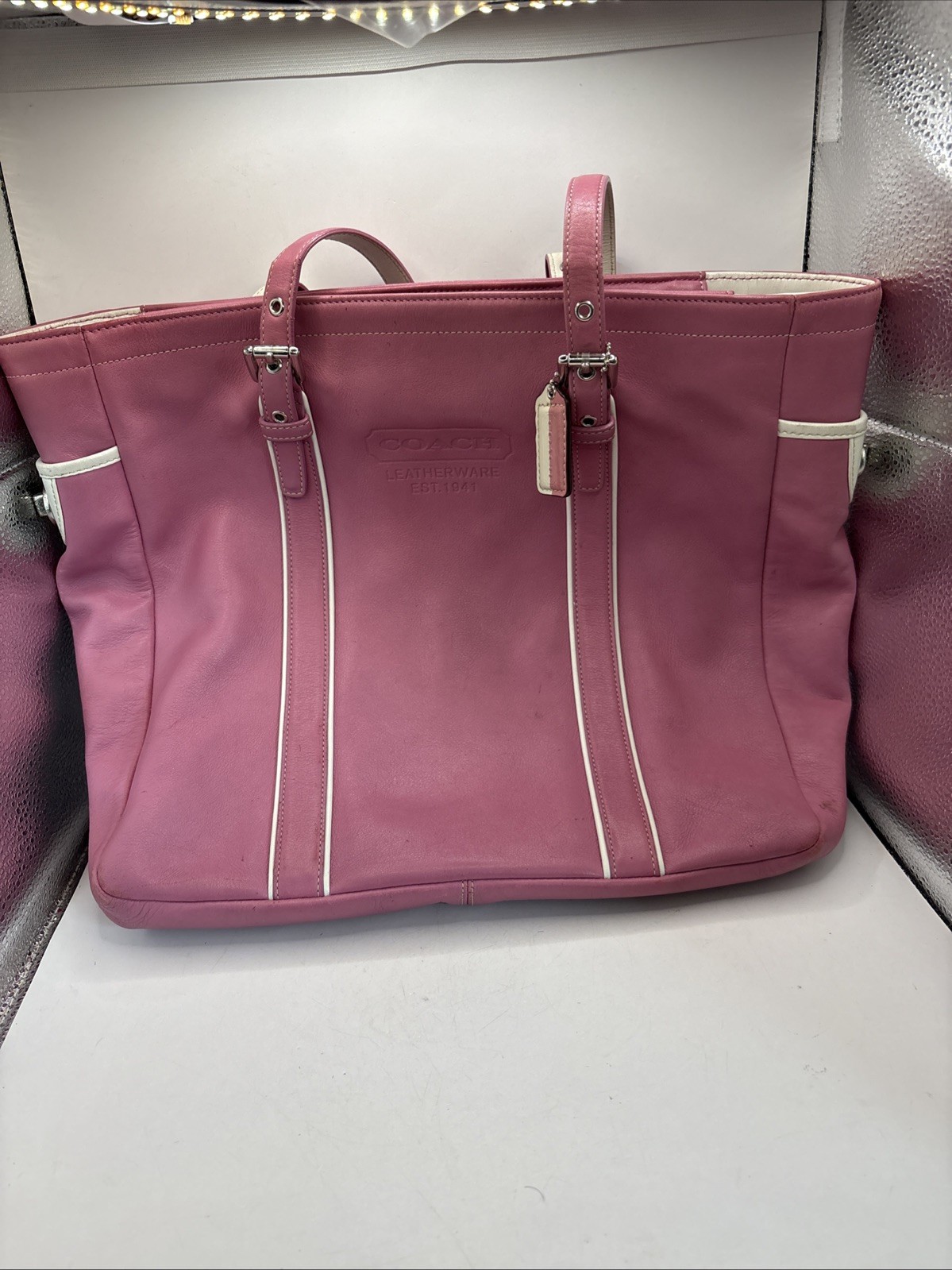 Vintage COACH Pink Leather Hampton Tote Bag Authentic 15”x12”