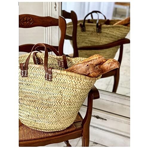 STRAW BAG Handmade with leather handles, French Market Basket bag Size L