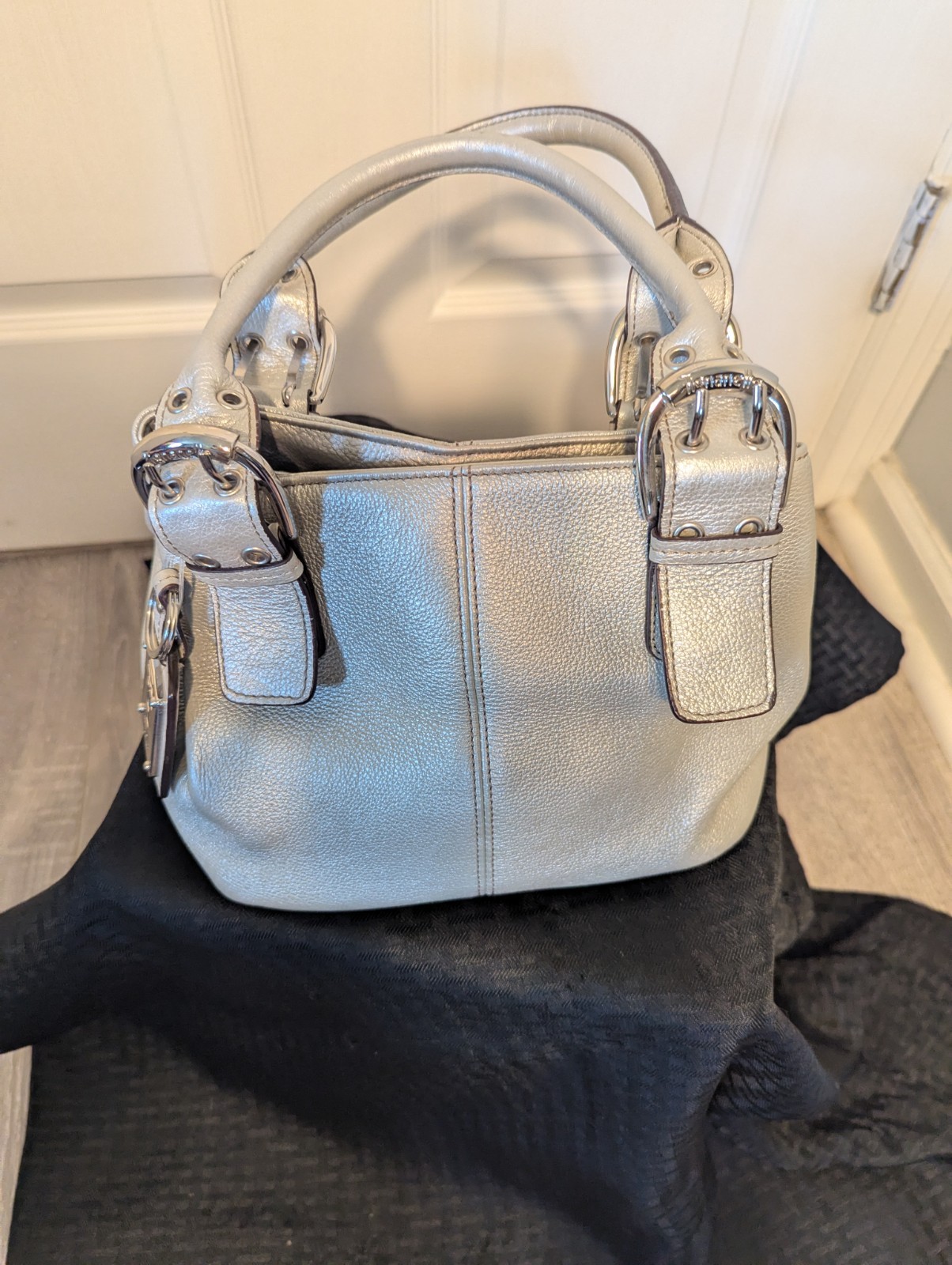 Tignanello Silver Metallic Medium Satchel Top Handle Zip w/ Studs & Charm
