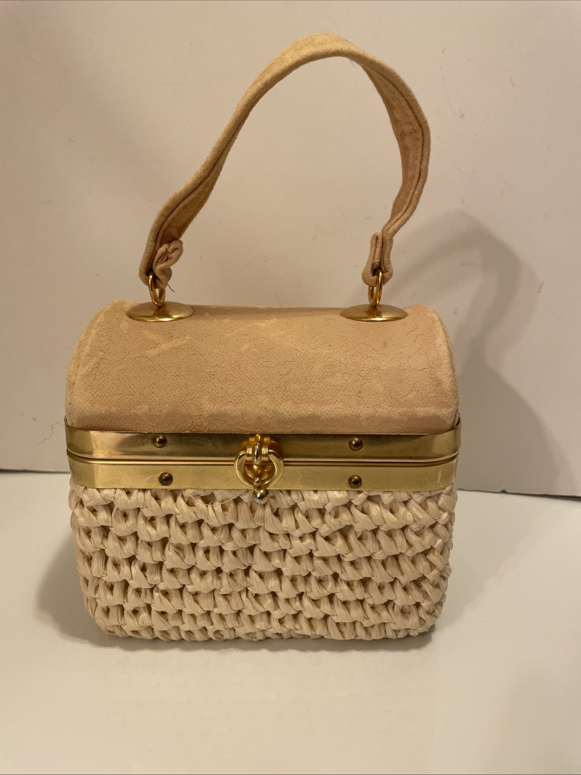 Made In Italy Woven Raffia & Fabric Box Purse Handbag 6×4.5” Champagne & Ivory