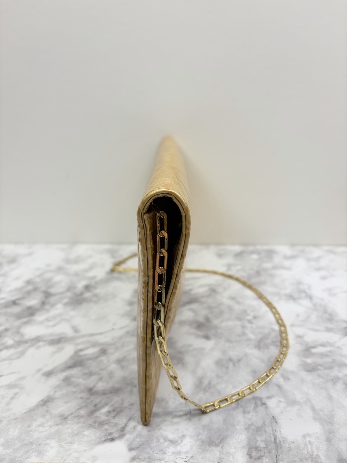 CARLOS FALCHI Gold Crocodile Embossed Clutch Chain Strap W/ Magnetic Clasp