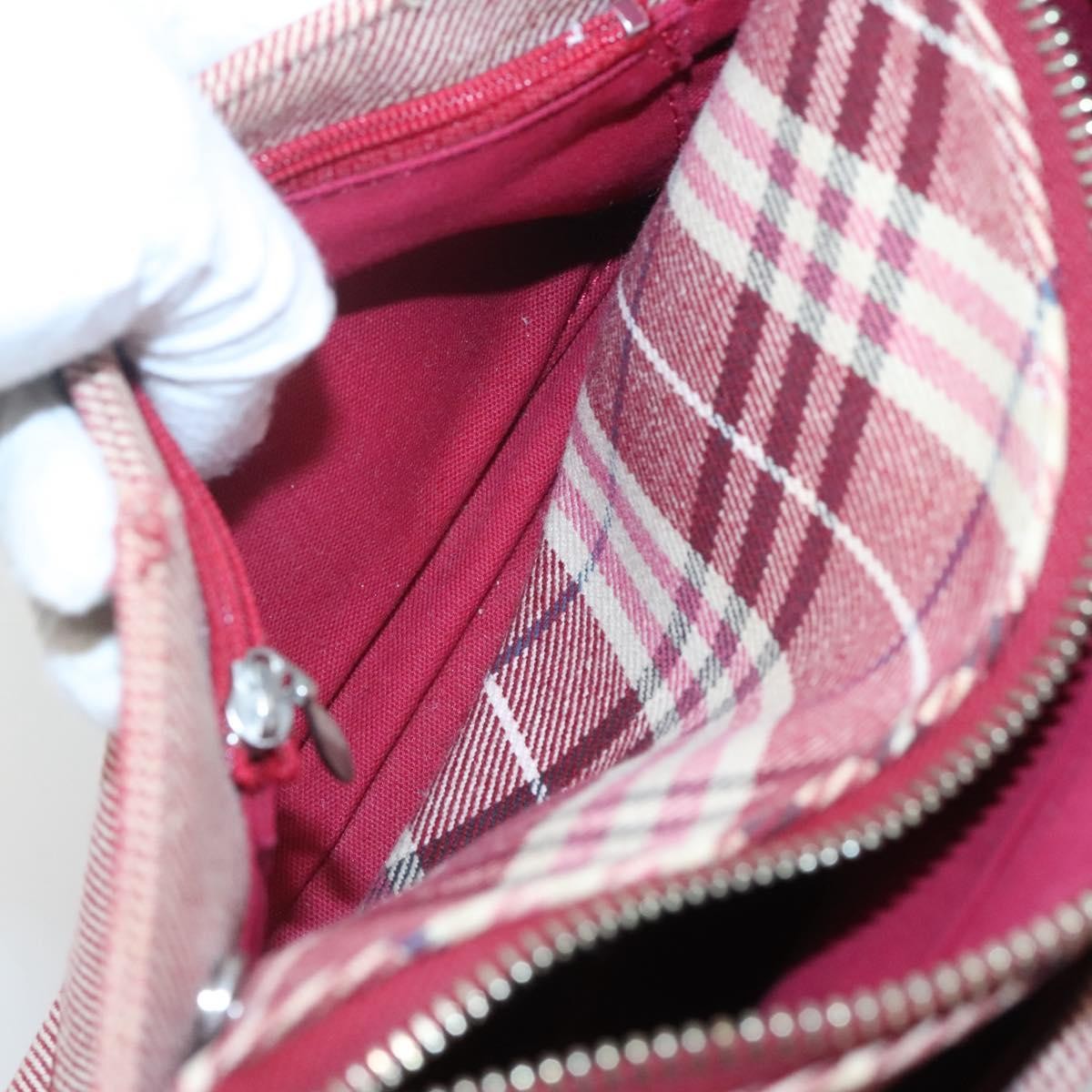 BURBERRY Nova Check Blue Label Shoulder Bag Canvas Red Silver Auth ti3084