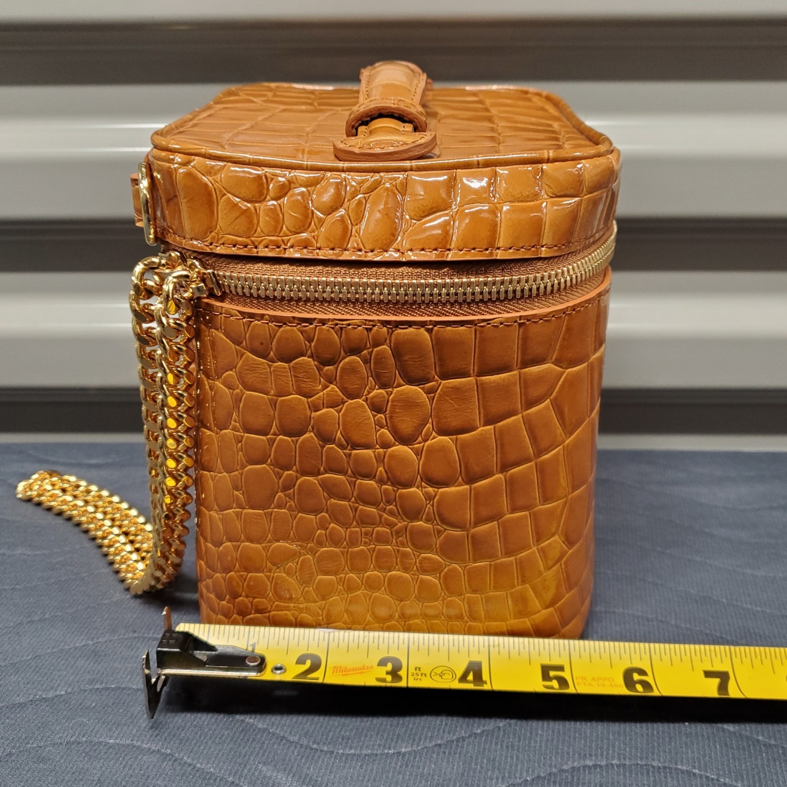 Glenda Bloom Statement Cube Bag Vanity Case Embossed Alligator Leather Lux Chain
