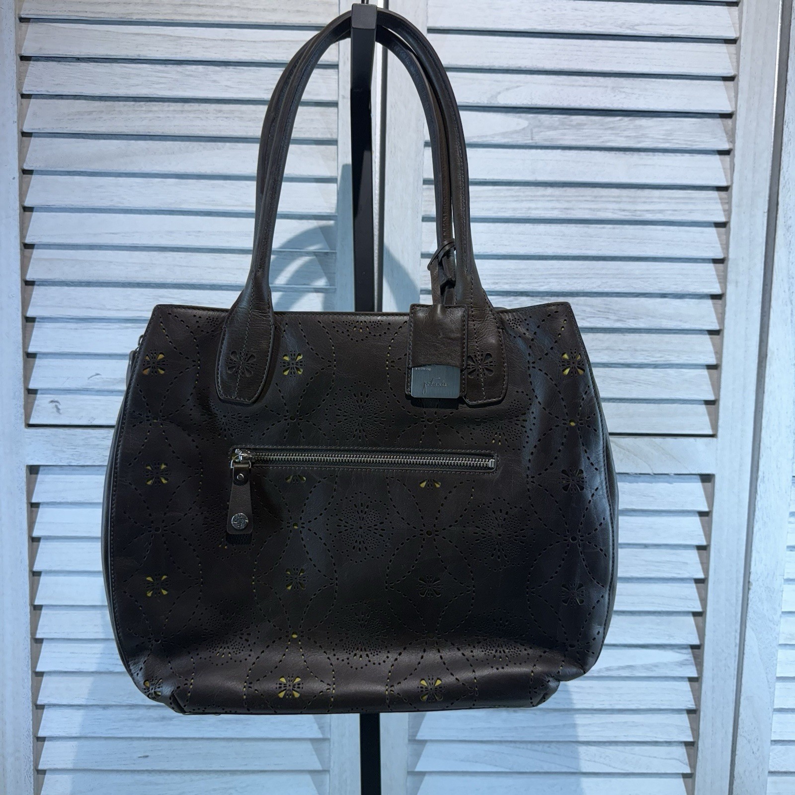 Petunia Pickle Bottom Brown Leather And Sepia Tote Handbag Purse Cutout Floral
