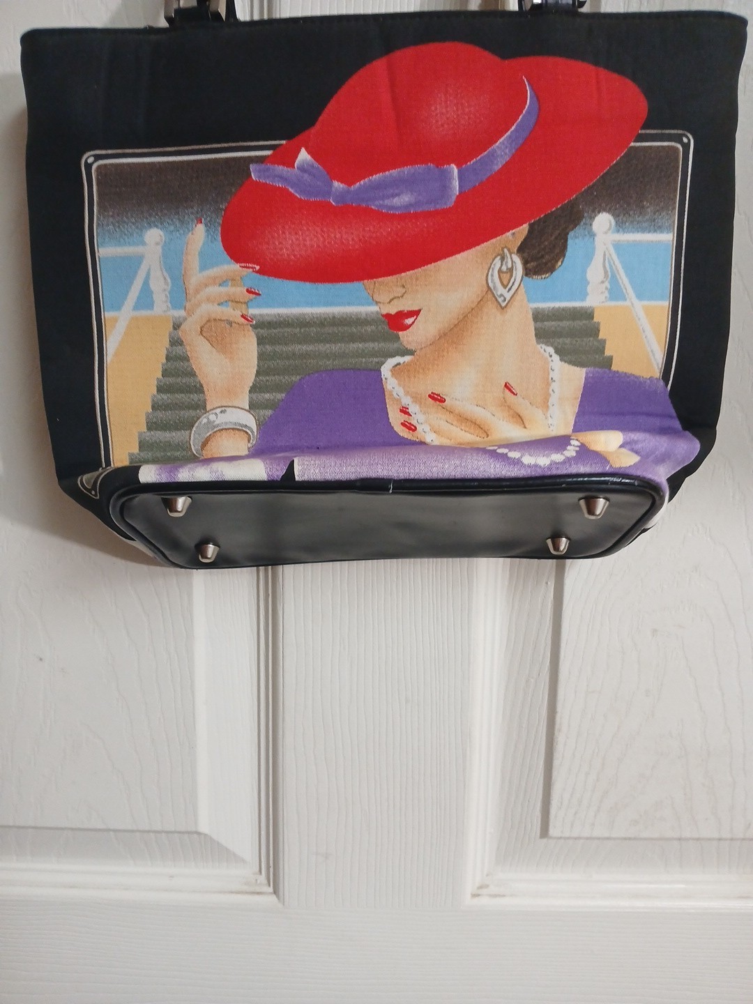 Red Hat Blanco Braciano Tote Purse Lady Head Red Hat W Beads Bling