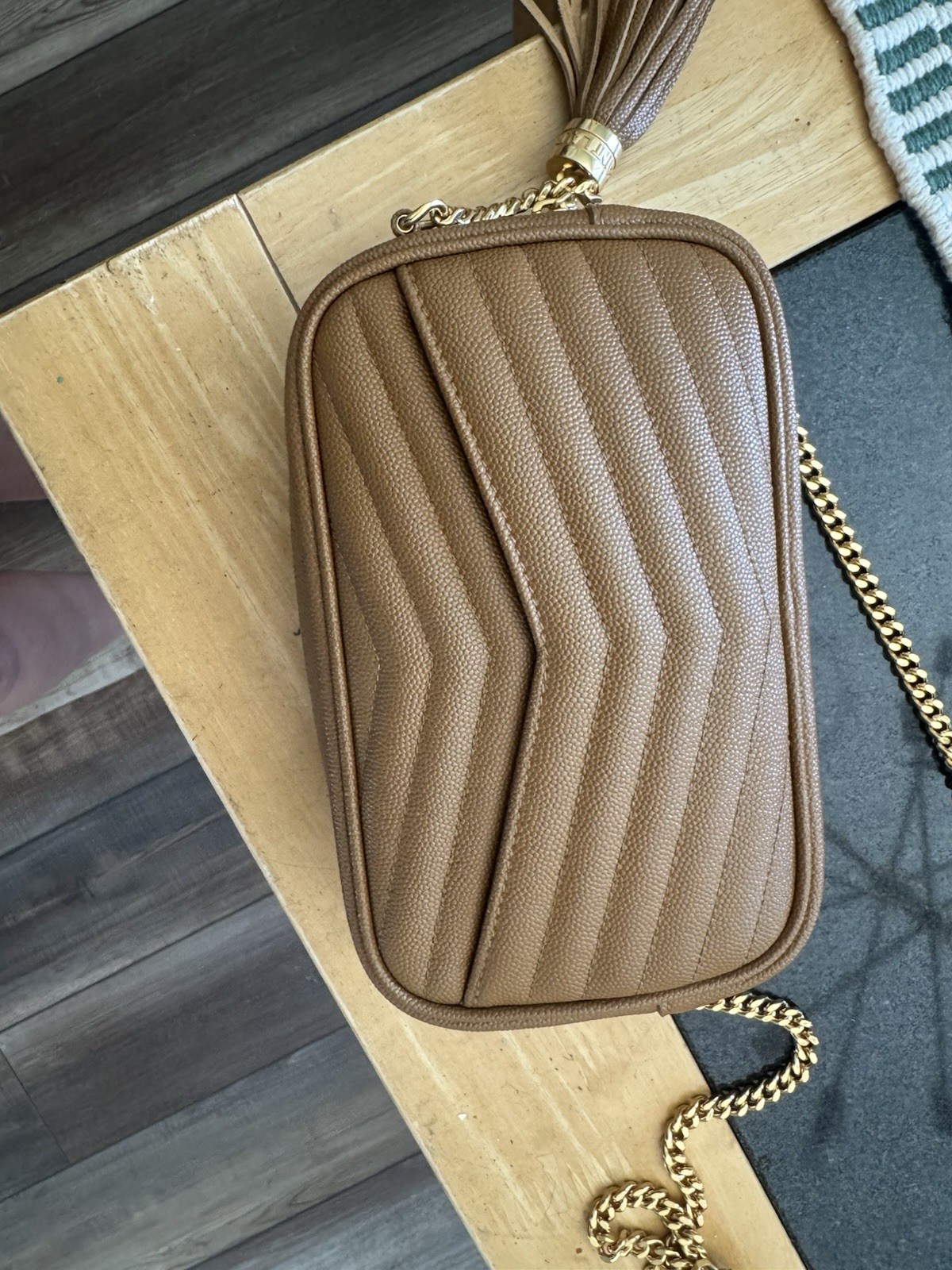 Saint Laurent Lou Small Brown Chevron Quilted Chain Crossbody Tassel Zip