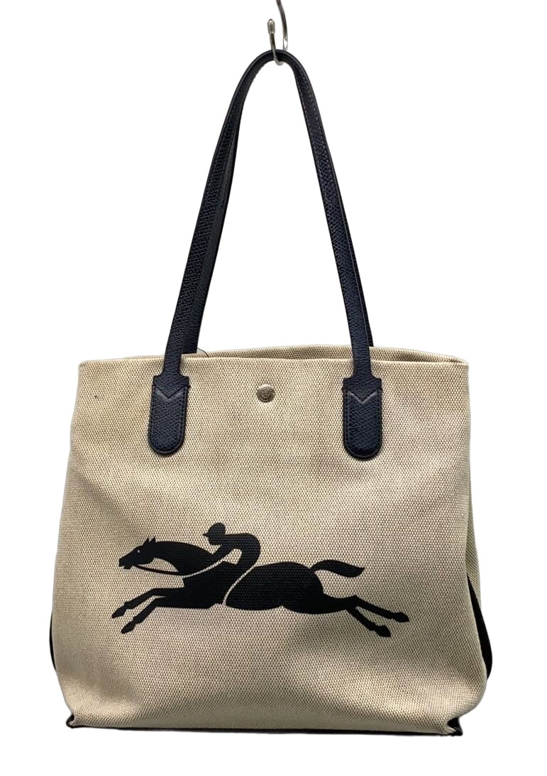Longchamp Roseau Tote Bag Ecru Canvas Leather W 12.0 in Shoulder Authentic
