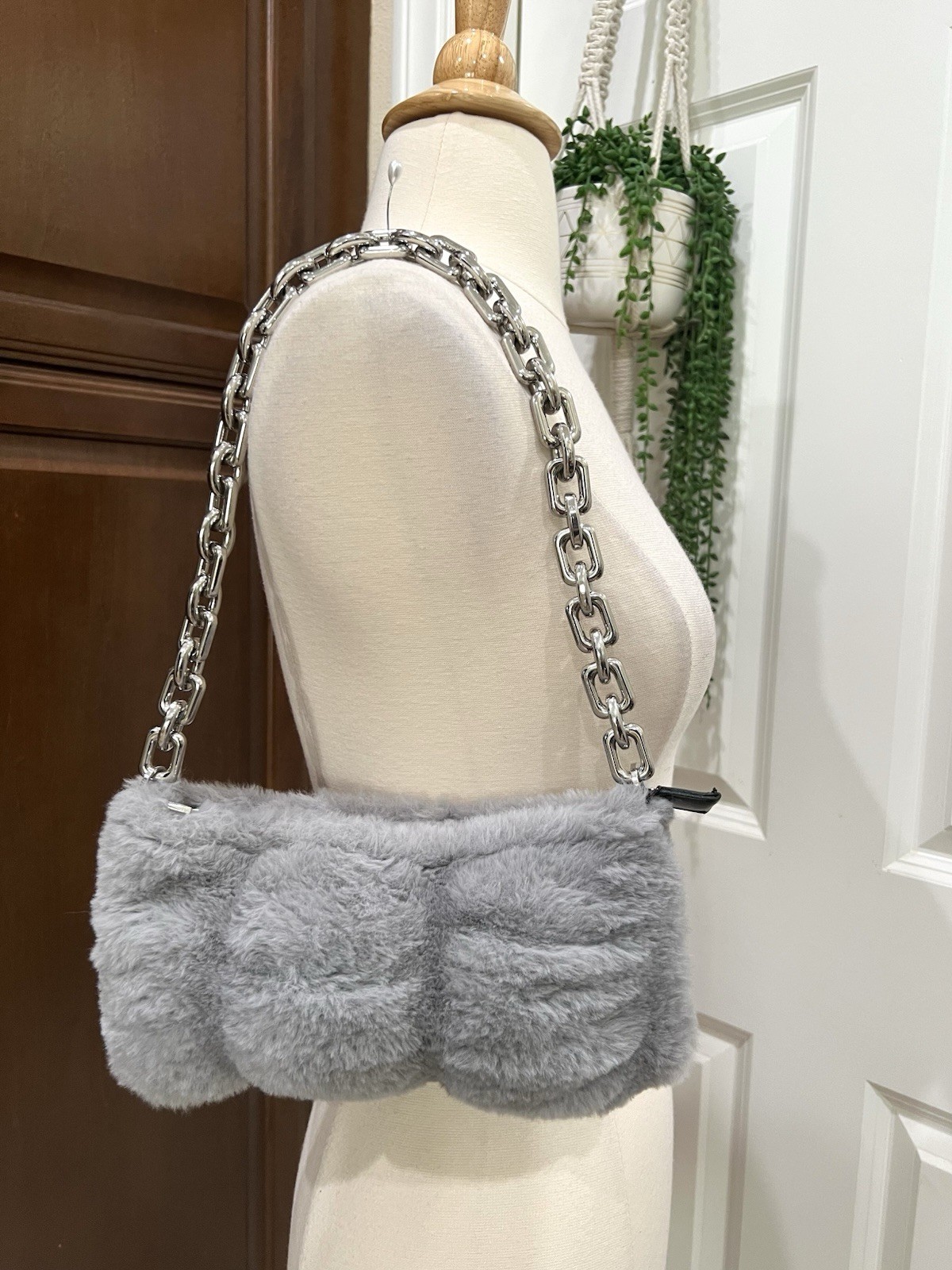Zara Womens Gray Faux Fur Shoulder Bag Chunky Silver Chain Strap Handbag Purse