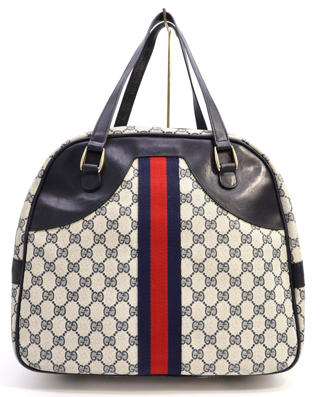 GUCCI VINTAGE Web Stripe Handbag Boston GG Supreme Navy Rare Large Authentic
