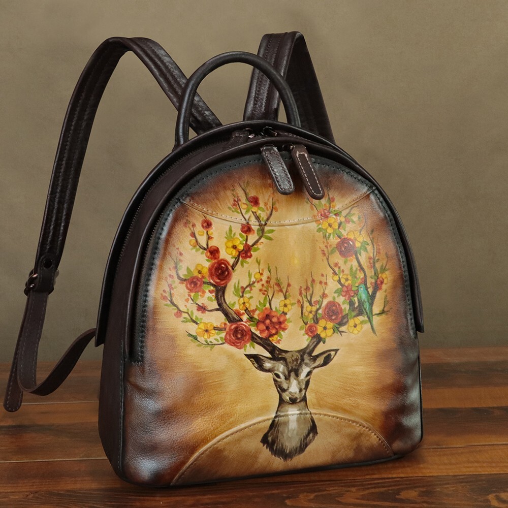 Genuine Leather Backpack for Women Hand Painted Knapsack Rucksack Casual Daypack