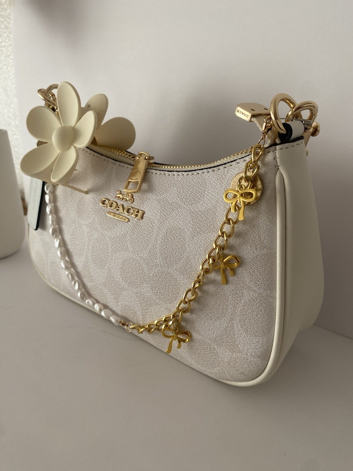 Coach White Logo Pattern Shoulder Bag, Zip, Gold Chain, Flower Bag Charm