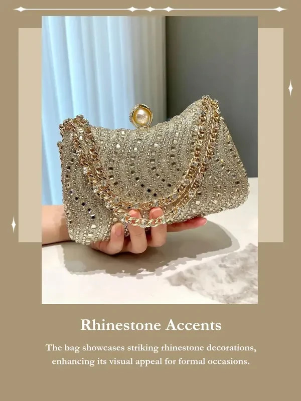 EVENING BAG- Gold Tone Rhinestone Decorated Metal Handle Clutch Purse, Luxury