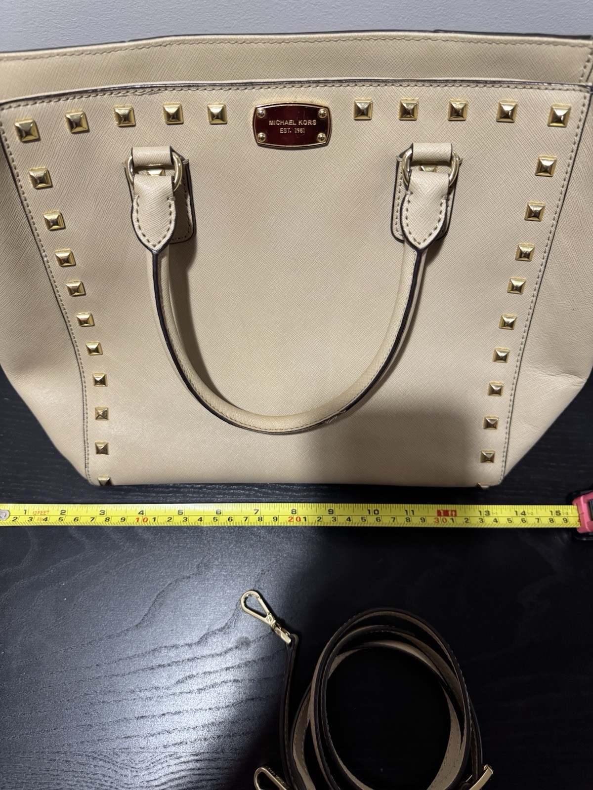 Michael Kors Beige Studded Medium Satchel Top Handle, Detachable Strap Zip