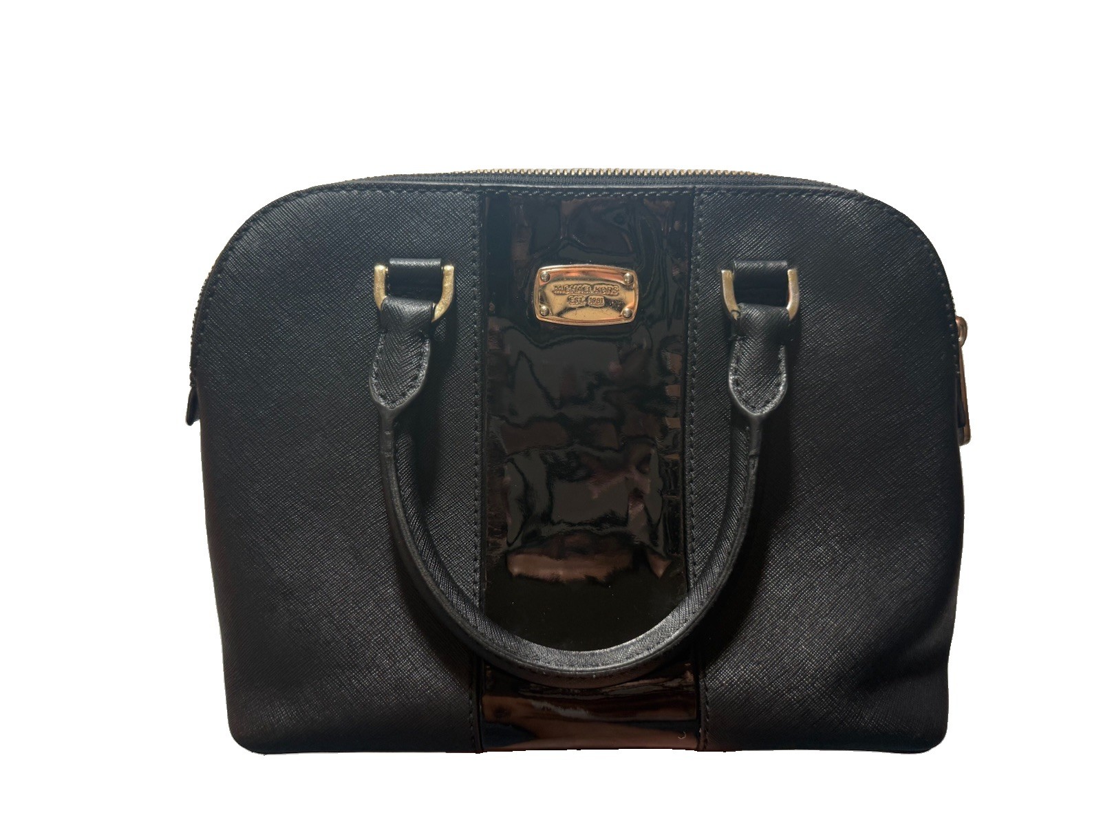 Michael Kors Black Zip Satchel Top Handle Bag Gold Hardware Detachable Strap