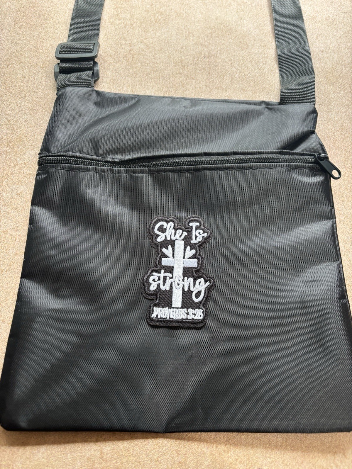 New Black Polyester Crossbody Bag, 9.2 x 7.8 Inch She Is Strong Fast Shipping