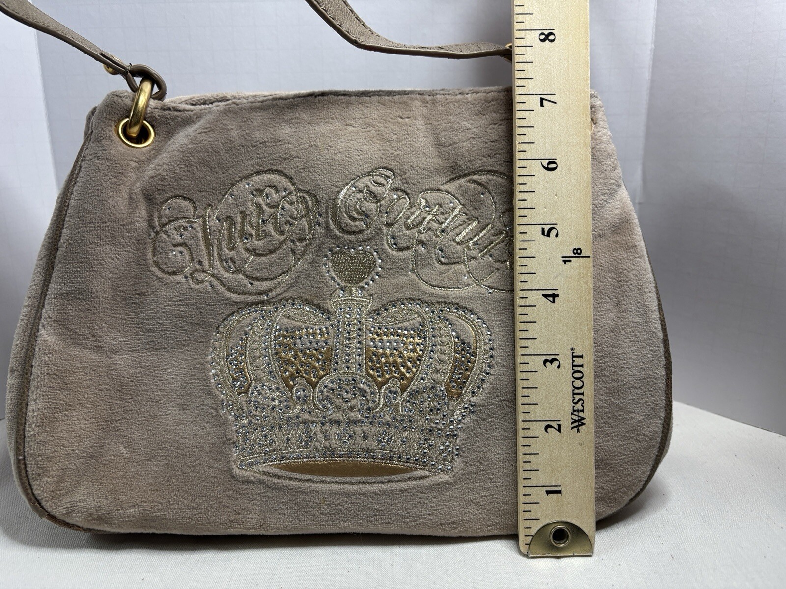 Juicy Couture Velour Handbag Beige Crown Rhinestones Y2K 2012 FLAW