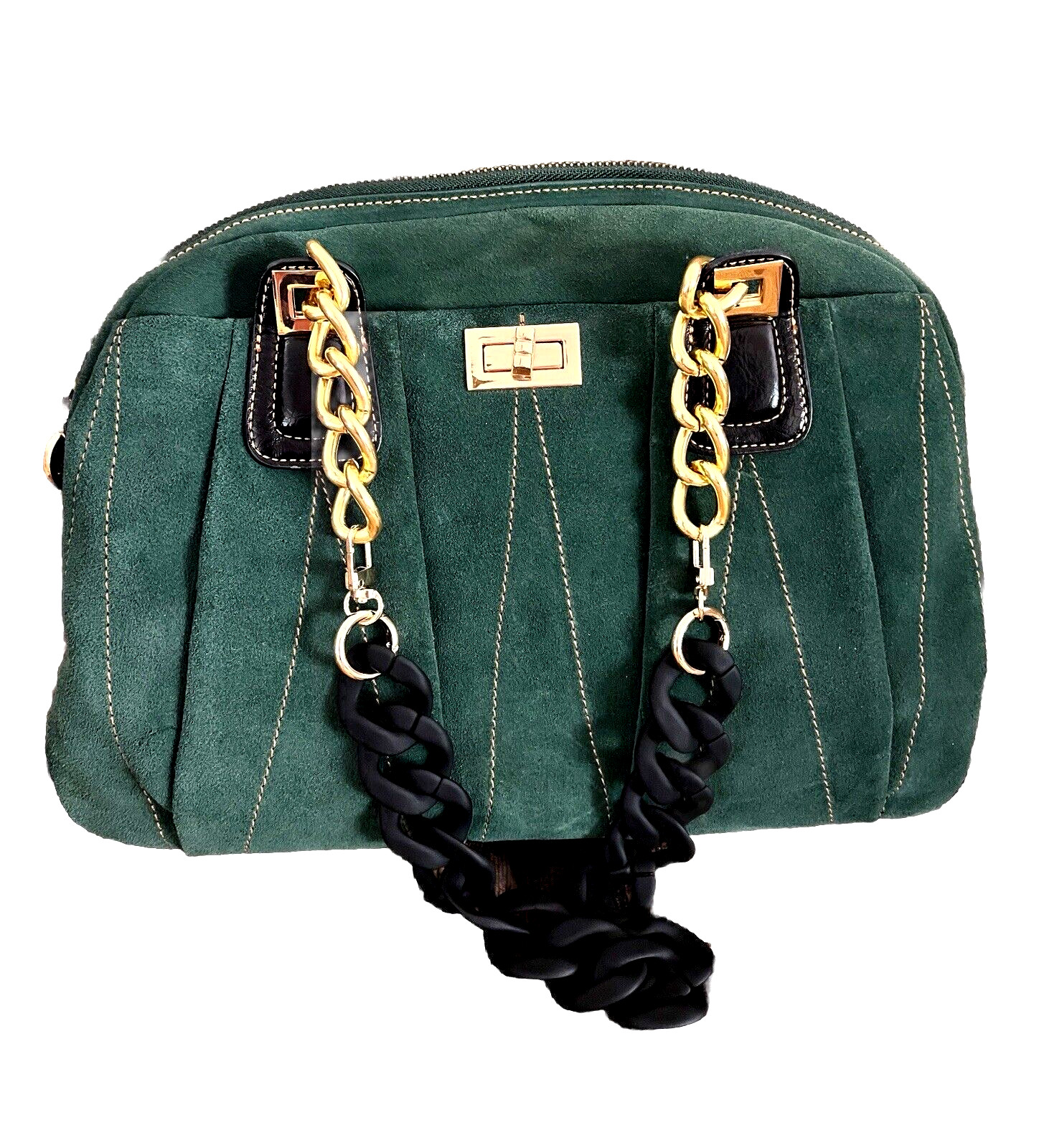 MAXX NEW YORK Forest Green Suede Leather Double Handle Zip Top Bowler Bag NWT