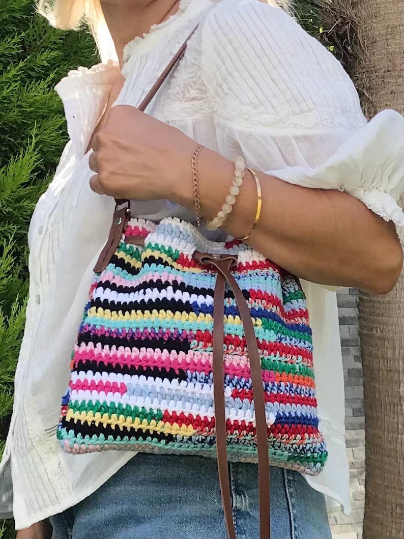 Hand-Crocheted Rainbow Striped Cotton Pouch Bag, Leather Strap, Boho Style