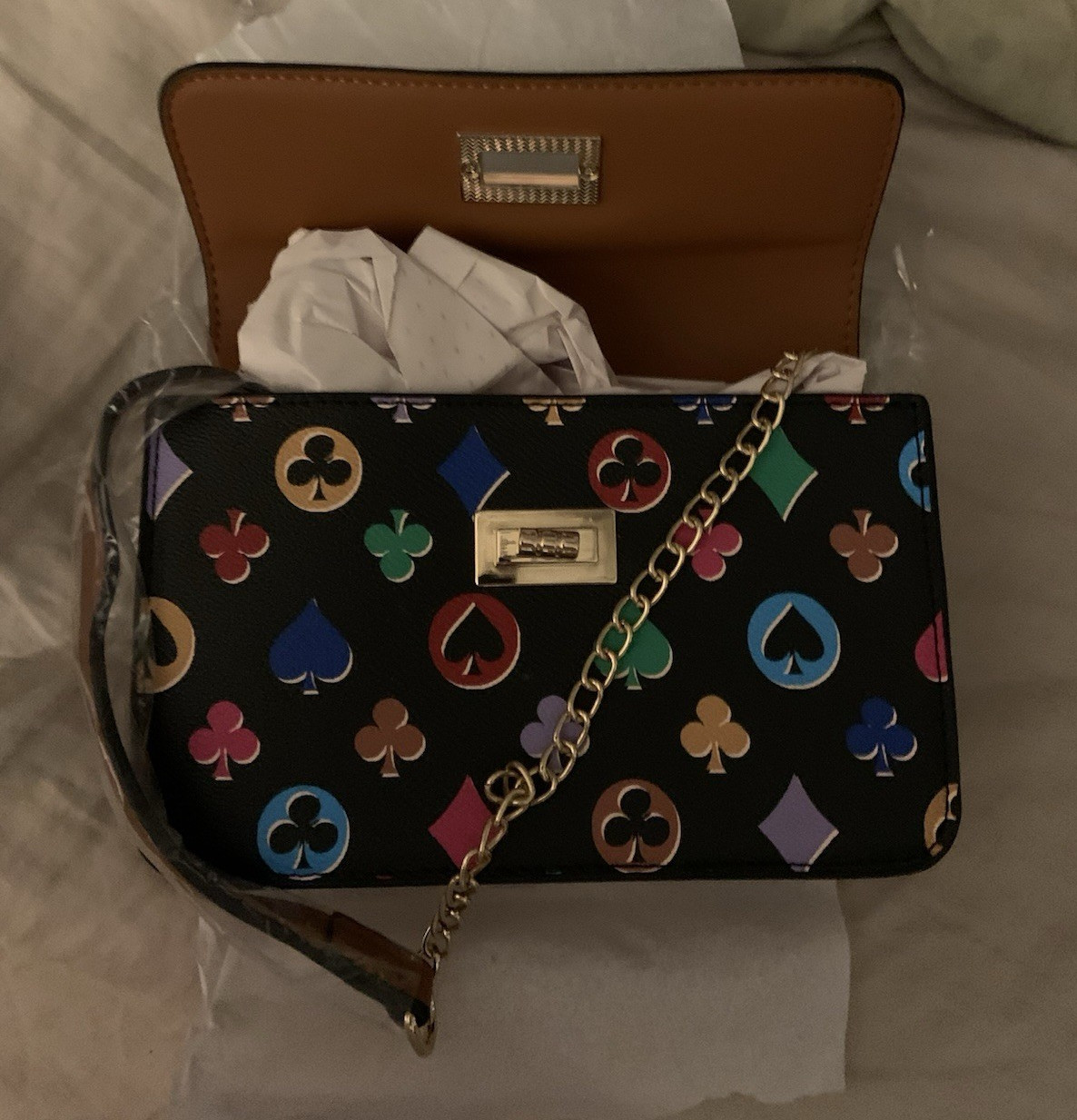New Black /Multicolor Geometric Turn Lock Crossbody Bag Gold Chain Strap