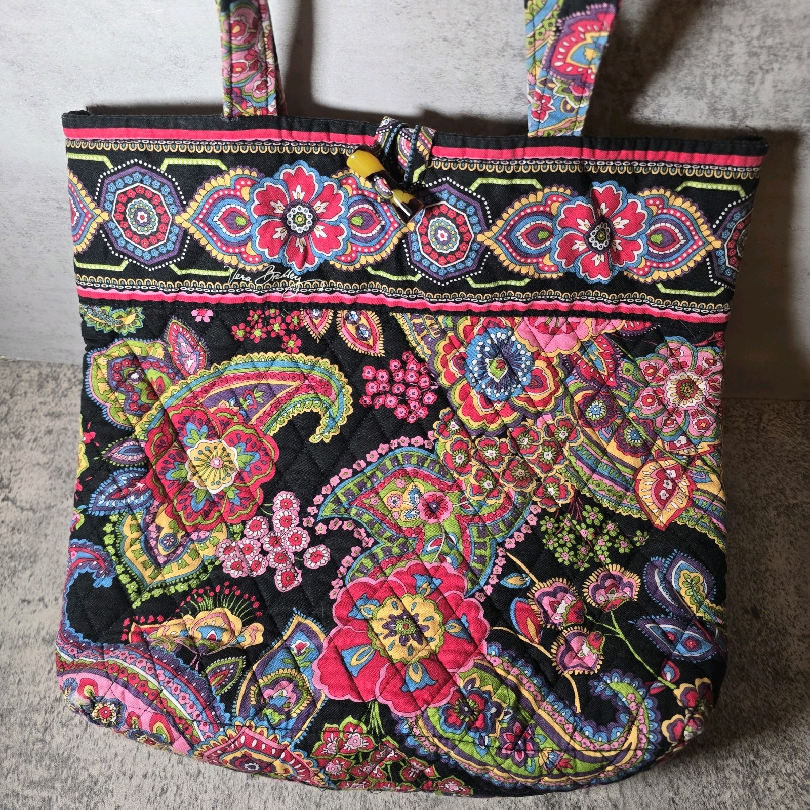 Very Bradly Quilted Shoulder Bag Tote Purse Floral 13x13x4″ Toggle Button Close