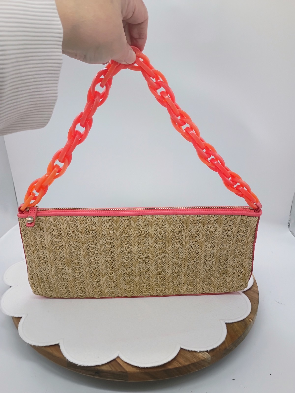Ava Rose Handbags Woven Rattan Acrylic Chain Link Strap Clutch Hand Bag