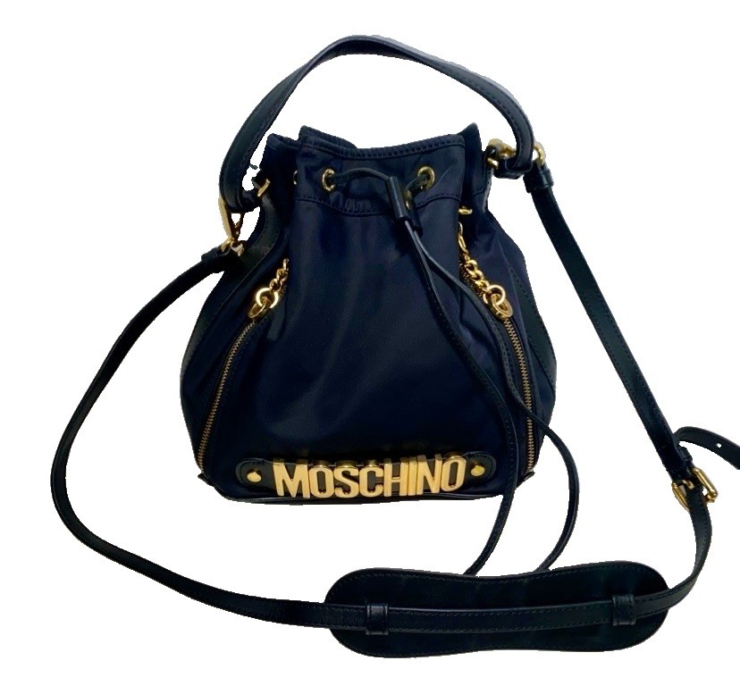 Moschino Bucket Bag Black Nylon Gold-Tone Hardware Leather Trim