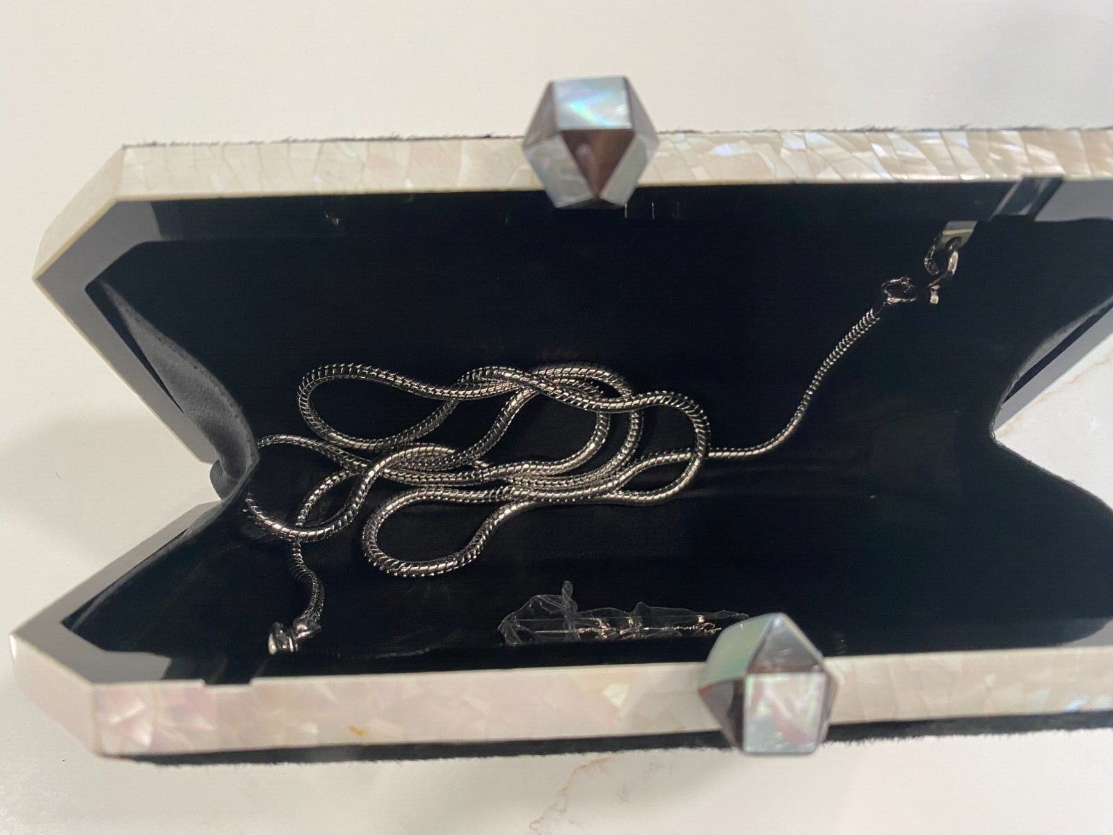 Emma Kuony “Yes / No” Custom Mother-of-Pearl and Calf Skin Trim Clutch