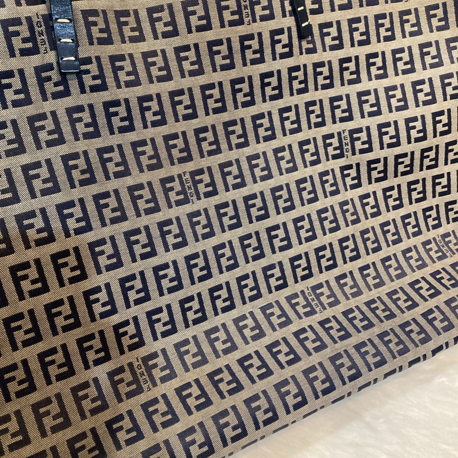 FENDI Zucchino FF Monogram Large Tote Bag Navy Canvas Leather 49cm Vintage