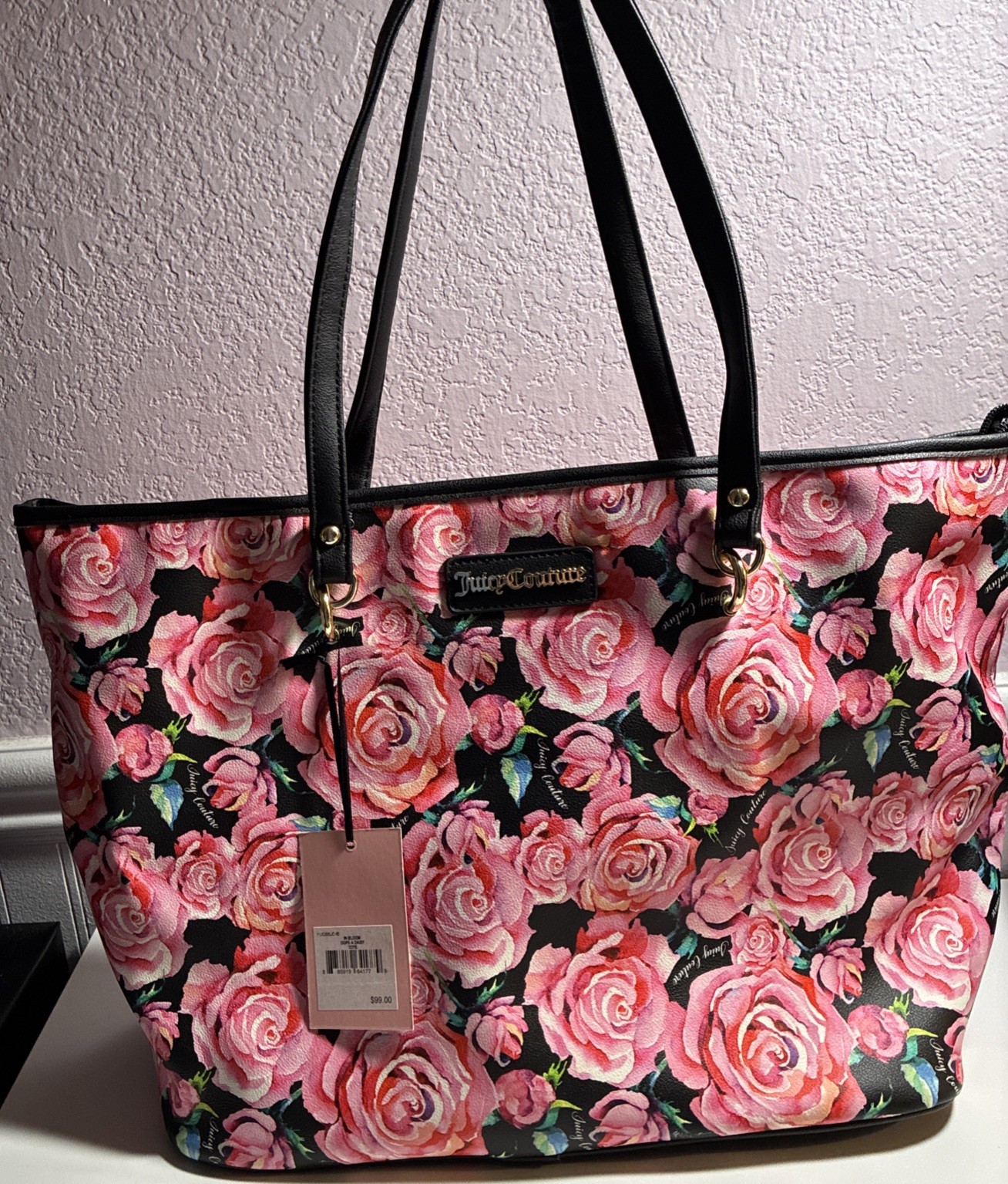 Juicy Couture Black Multi Rose All Over Pattern Day-to-Date Large Tote Bag