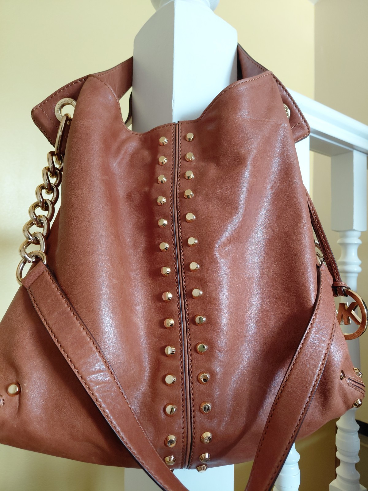 Michael Kors Uptown Astor Large Studded Leather Hobo Shoulder Bag Cognac Brown