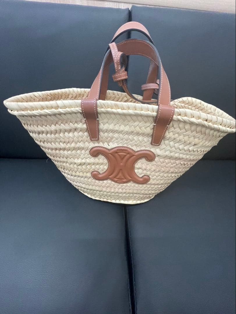 CELINE Teen Triomphe Pannier Raffia Calfskin Bag Light Beige Authentic