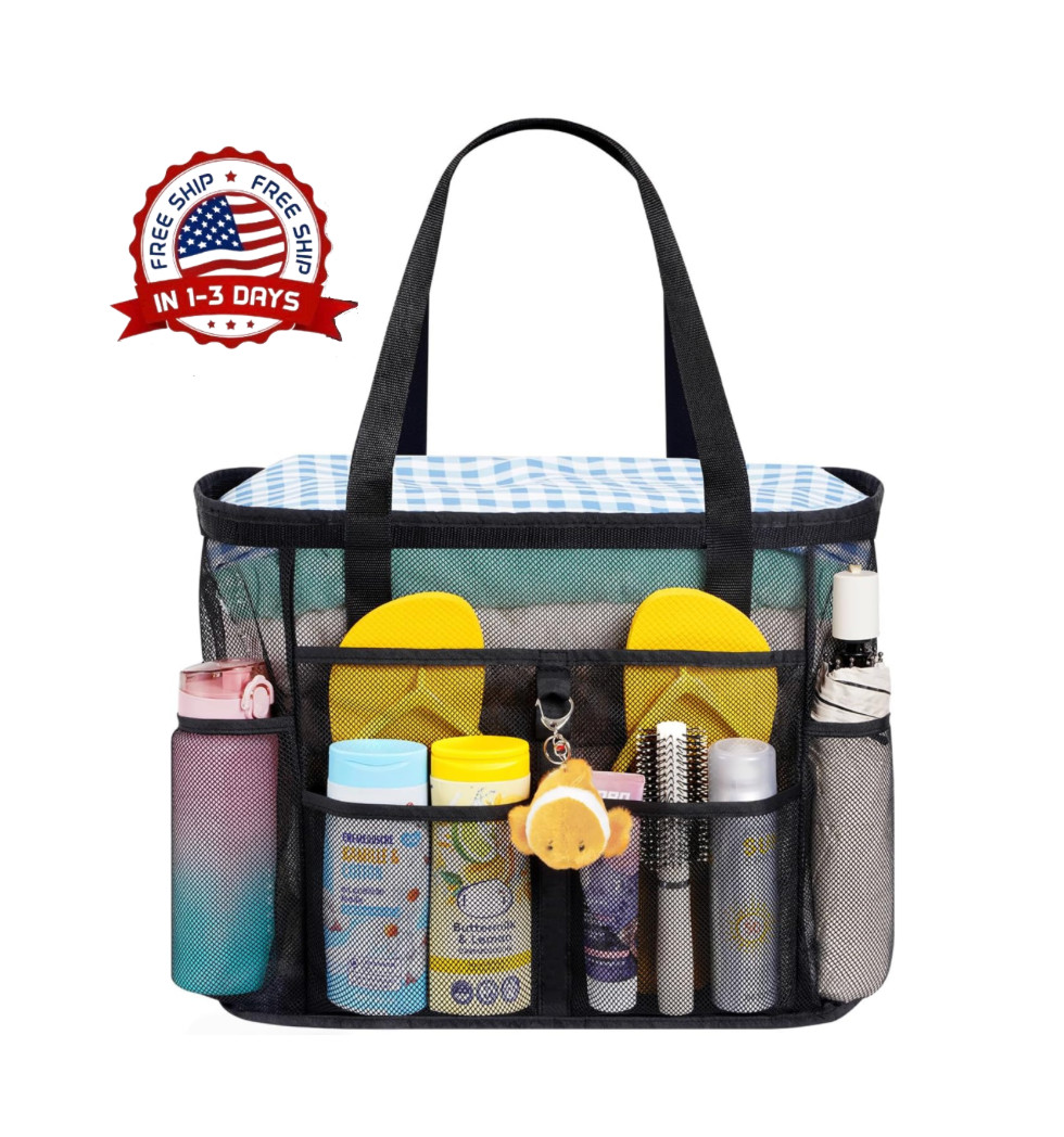 Mesh Beach Bag, Large Travel Tote with 8 Pockets, Quick-Drying Family Pool Swim