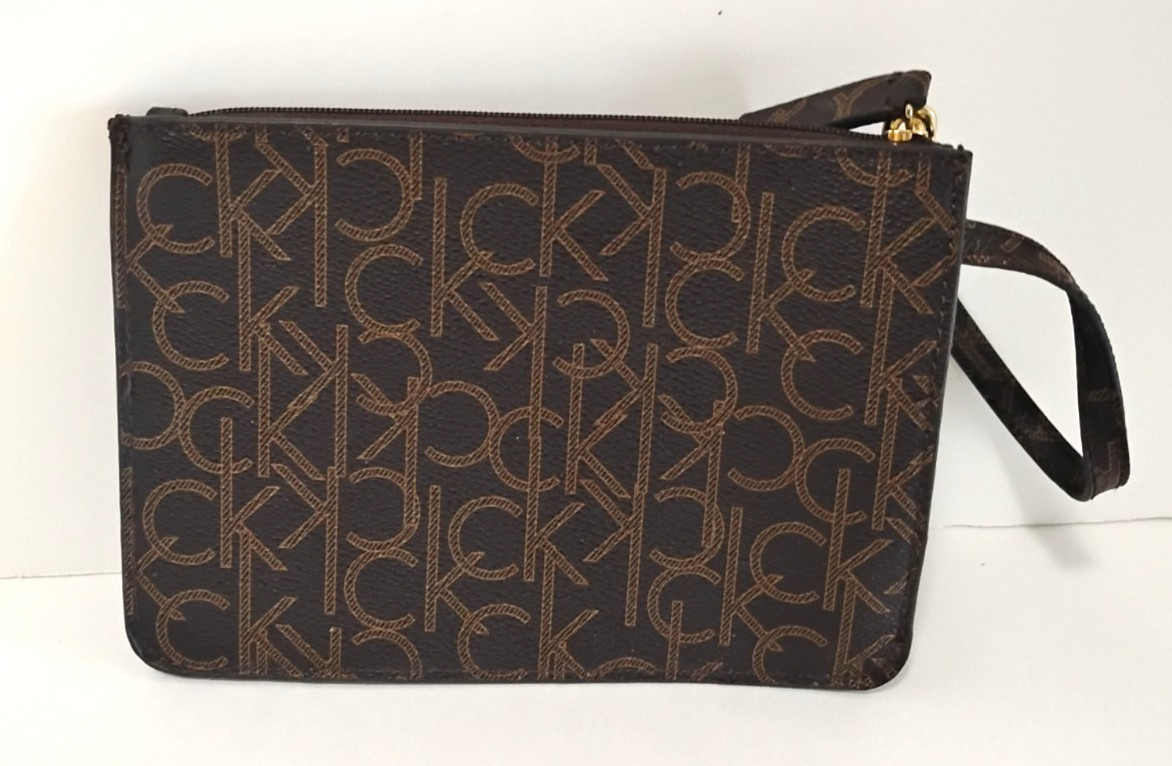 Calvin Klein CK Logo Wristlet Clutch Brown Monogram Strap Zip Pouch