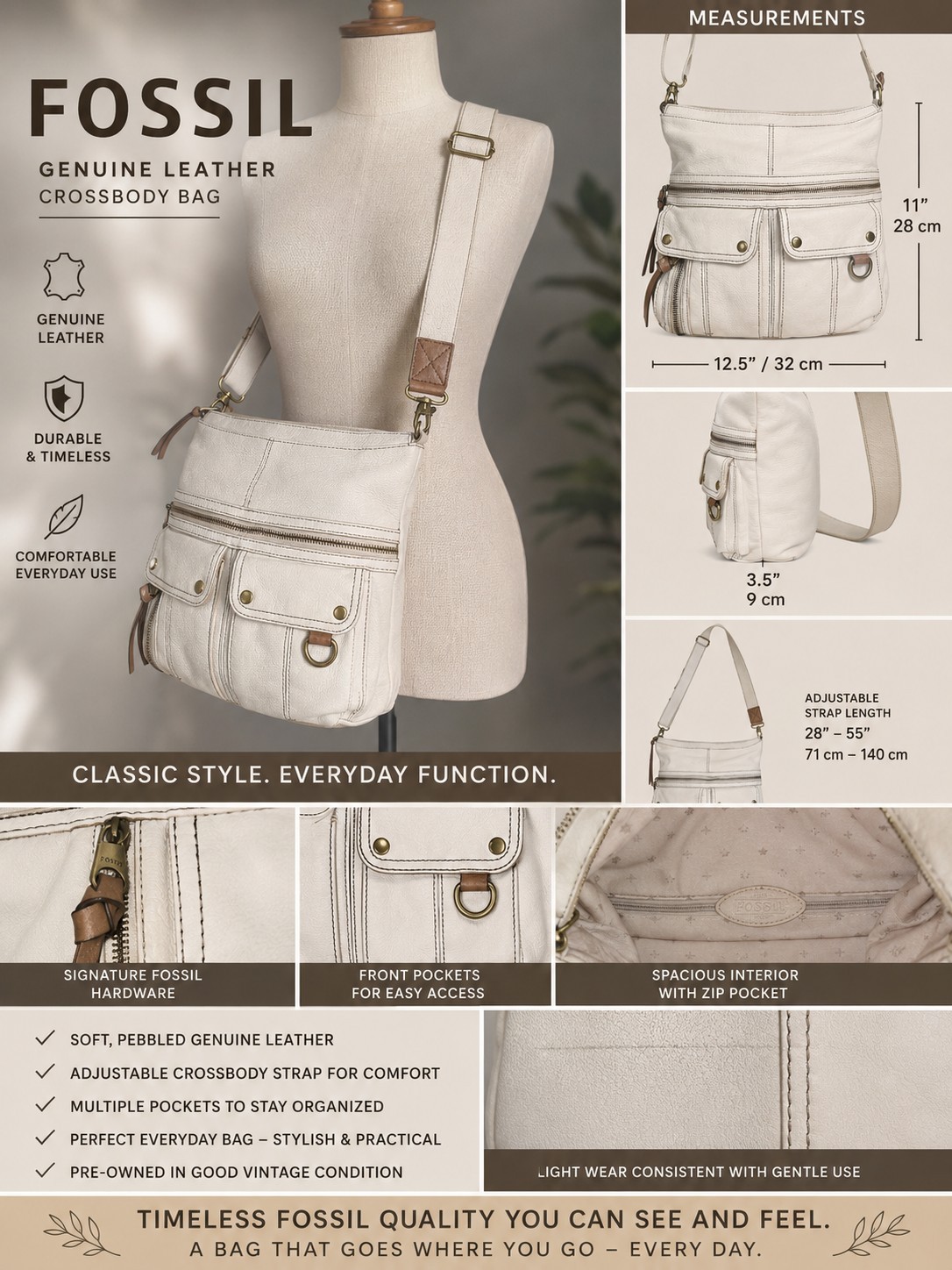 Fossil Morgan Crossbody Bag Leather Cream In Great Condition