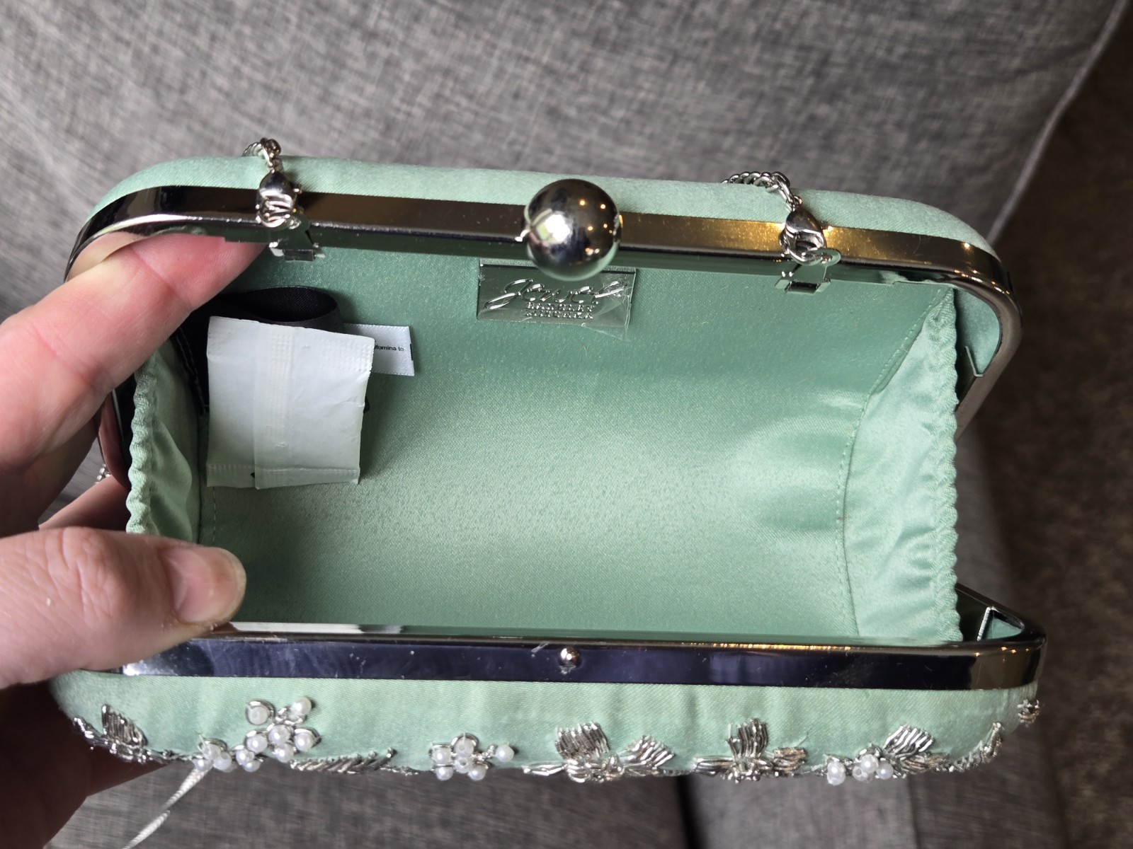 Badgley Mischka Mint Green Beaded Minaudiere Crossbody/clutch Silver Metallic