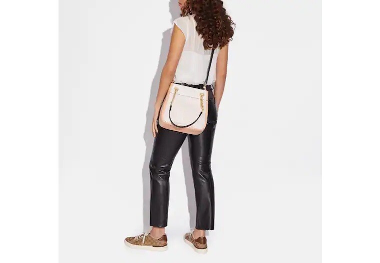 COACH Leather CAMMIE CHAIN BUCKET Bag w/Crossbody Strap~Chalk, Black, Peach