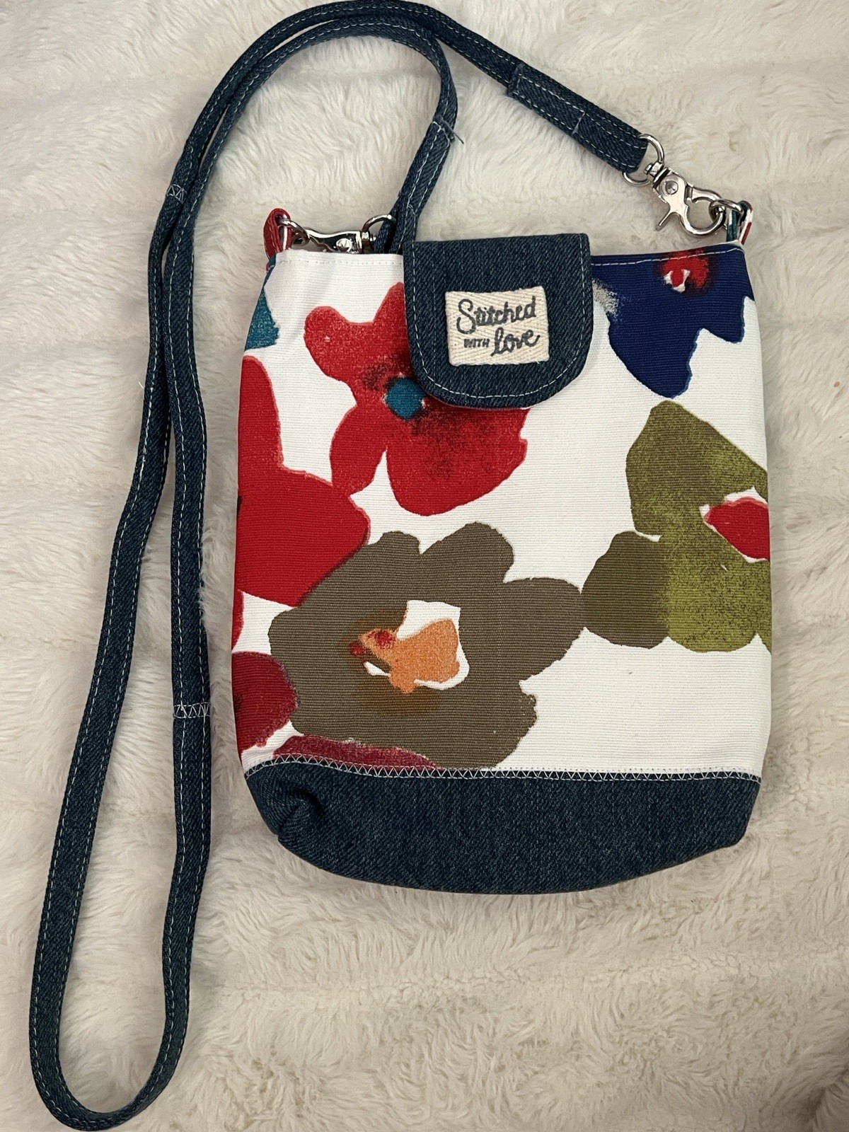 Handmade Upcycled Denim Crossbody Bag Floral Canvas Sanrio My Sweet Piano Lining