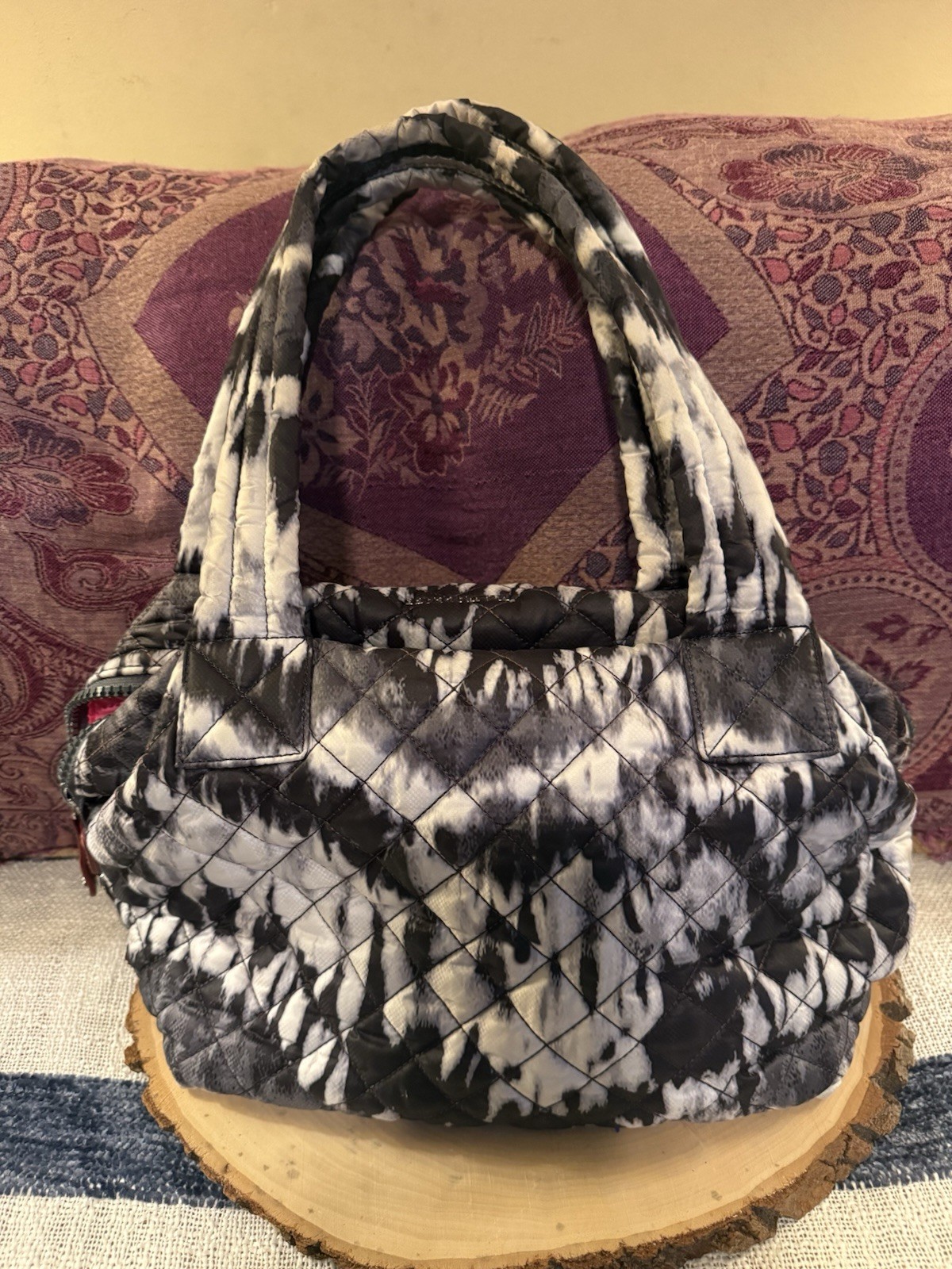 MZ WALLACE SUTTON TOTE HANDBAG Tie-Dye BLACK & WHITE WAVE QUILTED PUFFY NYLON