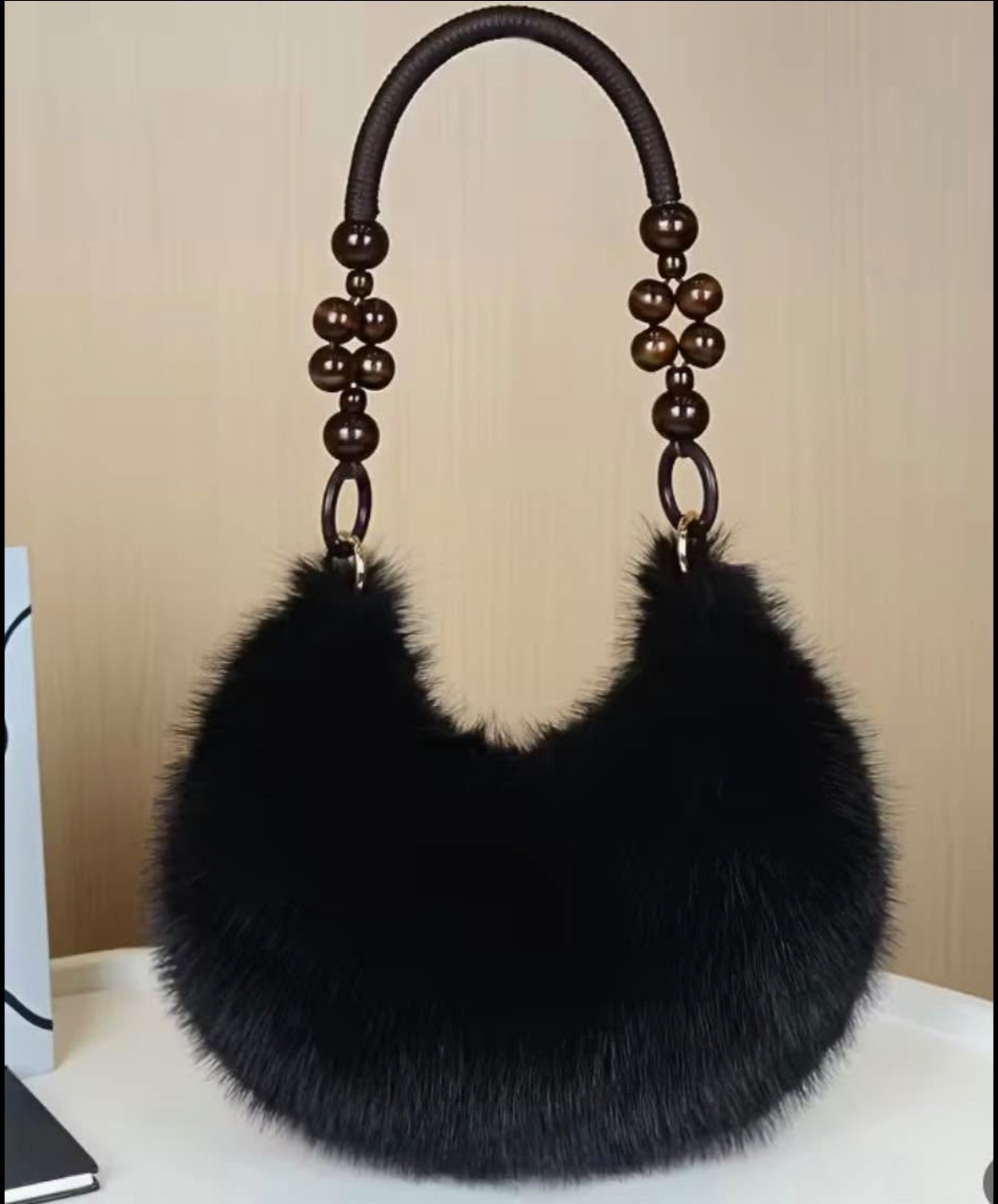 Black Faux Fur Purse w Beaded Rope Handle