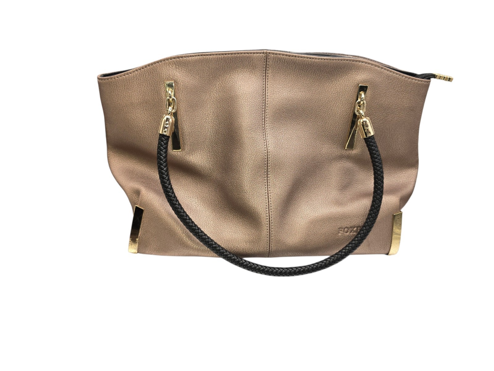 FOXER Leather Shoulder Bag Braided Handles Gold Hardware Metallic Champagne EUC