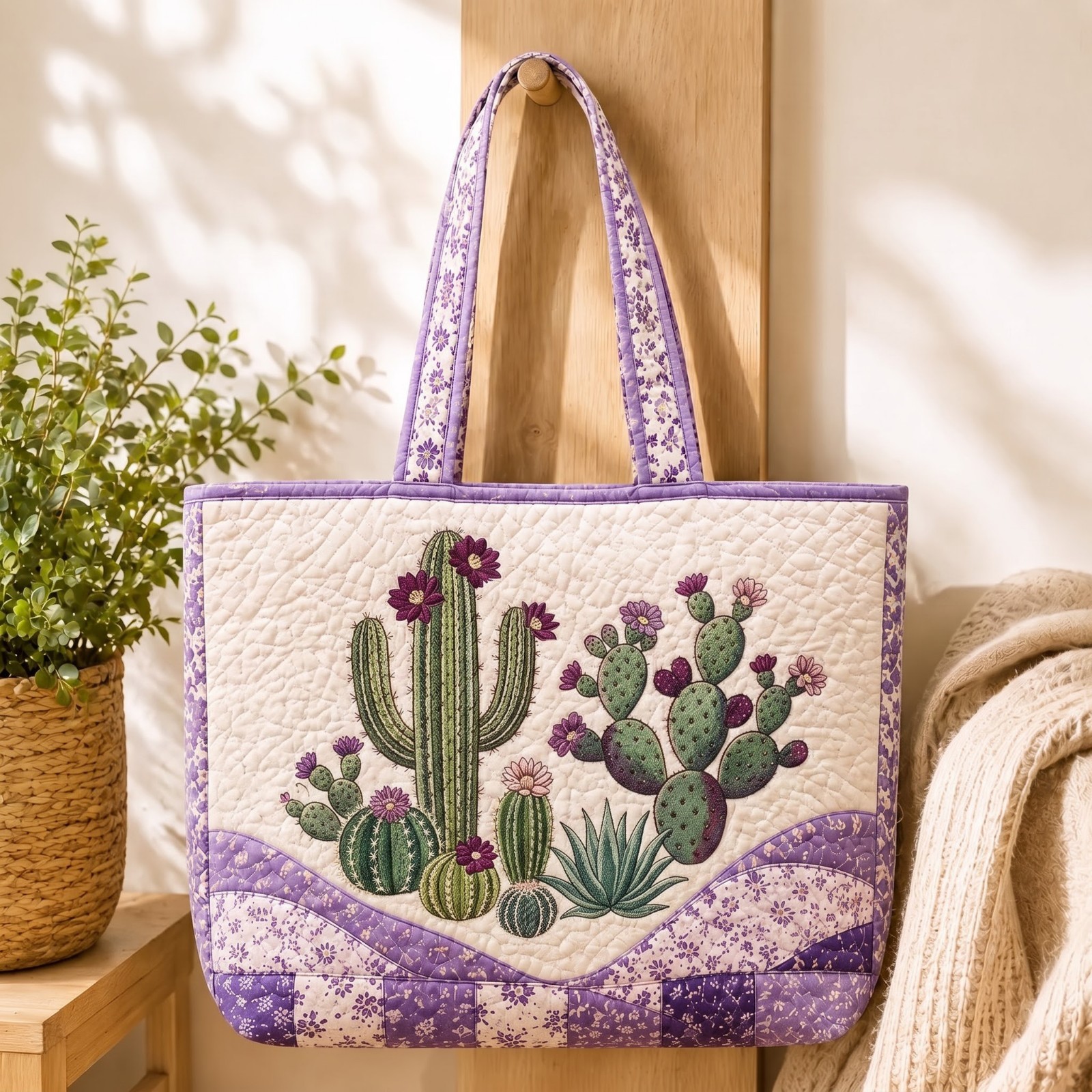 Boho Floral Succulents and Cacti Quilted Tote Bag Botanical Shopper Handbag
