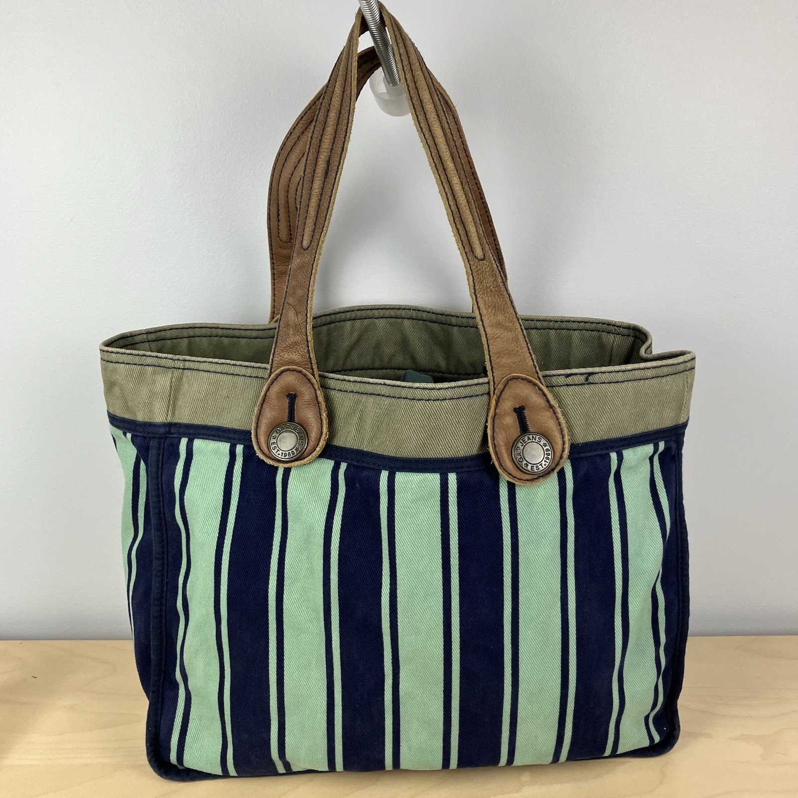 GAP Jeans Reversible Tote Bag Striped Teal Blue Army Green Leather Handles 2007