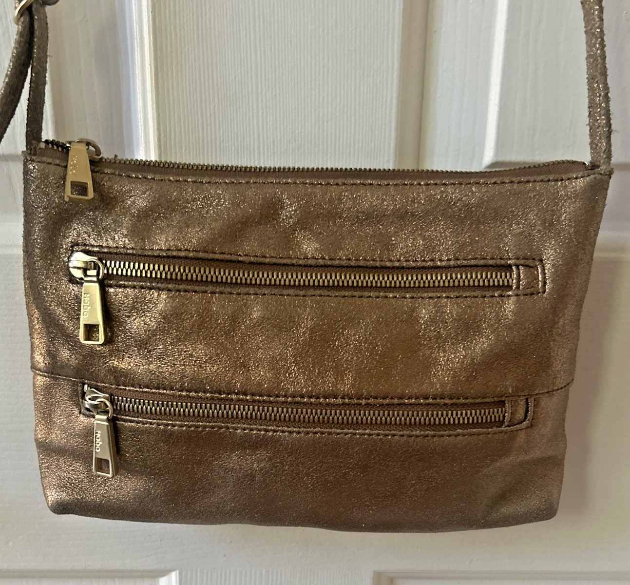 Hobo Int. Mara Leather Bronze Gold Metallic Double Zipper Crossbody Bag Purse