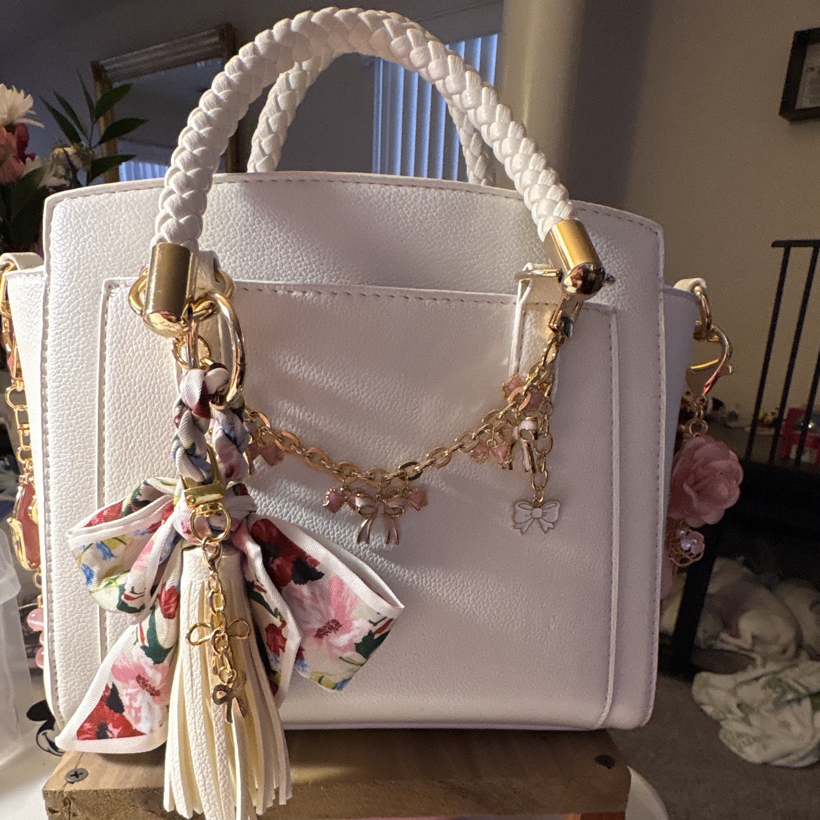 White Pebbled Satchel Top Handle Zip, Gold Hardware Pearl Chain Charm Strap, Med